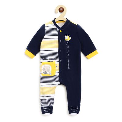 Boys Dark Blue Striped Front Opening Babysuit